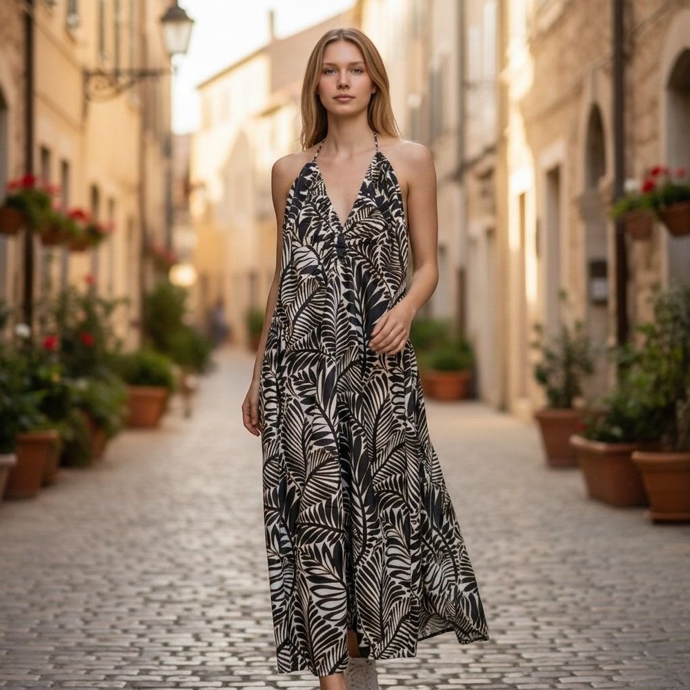 Christian Lacroix Halter Dress Womens S Black Gold Palm Tropical Resort 1713